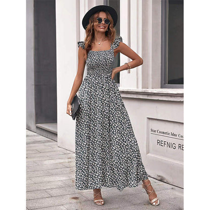 Robe Longue Fleurie Élégante à Col Carré