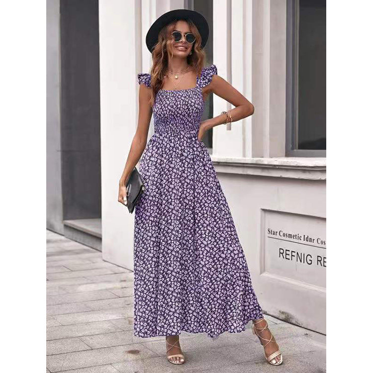 Robe Longue Fleurie Élégante à Col Carré