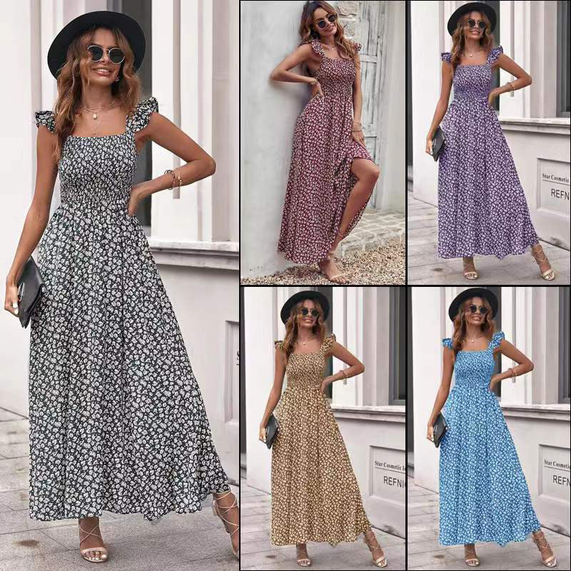 Robe Longue Fleurie Élégante à Col Carré
