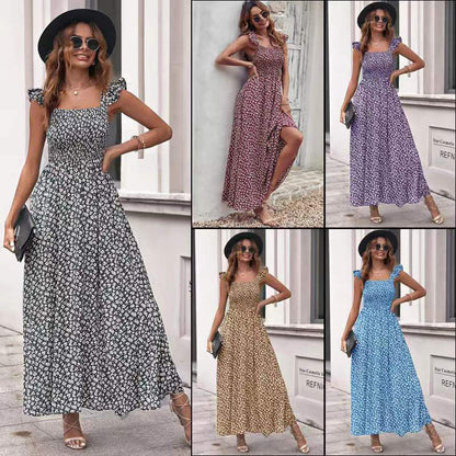 Robe Longue Fleurie Élégante à Col Carré