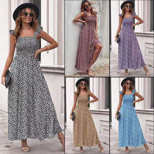 Robe Longue Fleurie Élégante à Col Carré