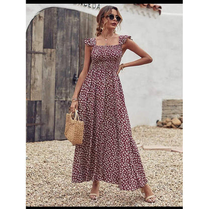Robe Longue Fleurie Élégante à Col Carré