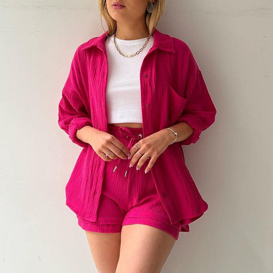 Ensemble Femme Décontracté Chemise et Short en Gaze de Coton